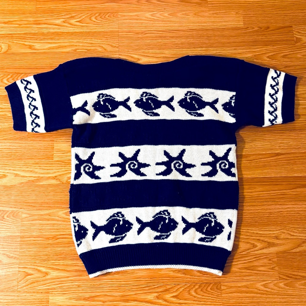 Knitmakers vintage 90s nautical sweater top, navy white striped fish starfish S